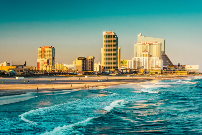 The skyline and Atlantic Ocean in Atlantic City, New Jersey.