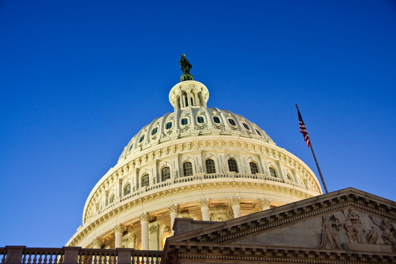 The U.S. Capitol Building in late twilight and horizontal perspective.