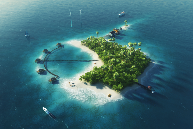 tropical island with wind turbines energy and bungalows