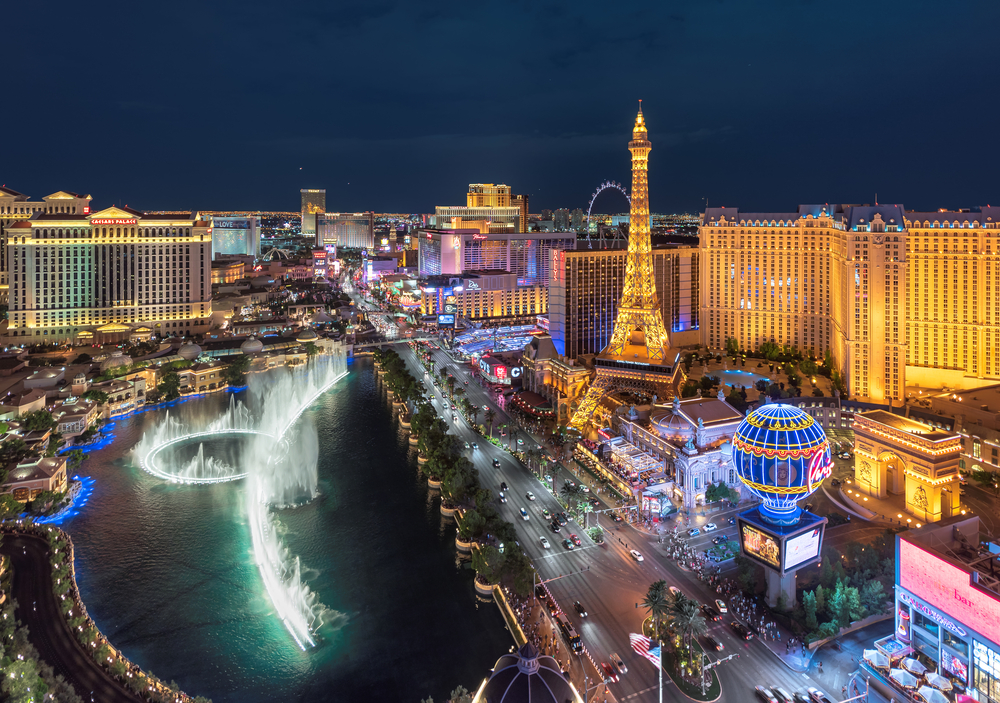 aerial view of the illuminated Las Vegas Strip at nighttime