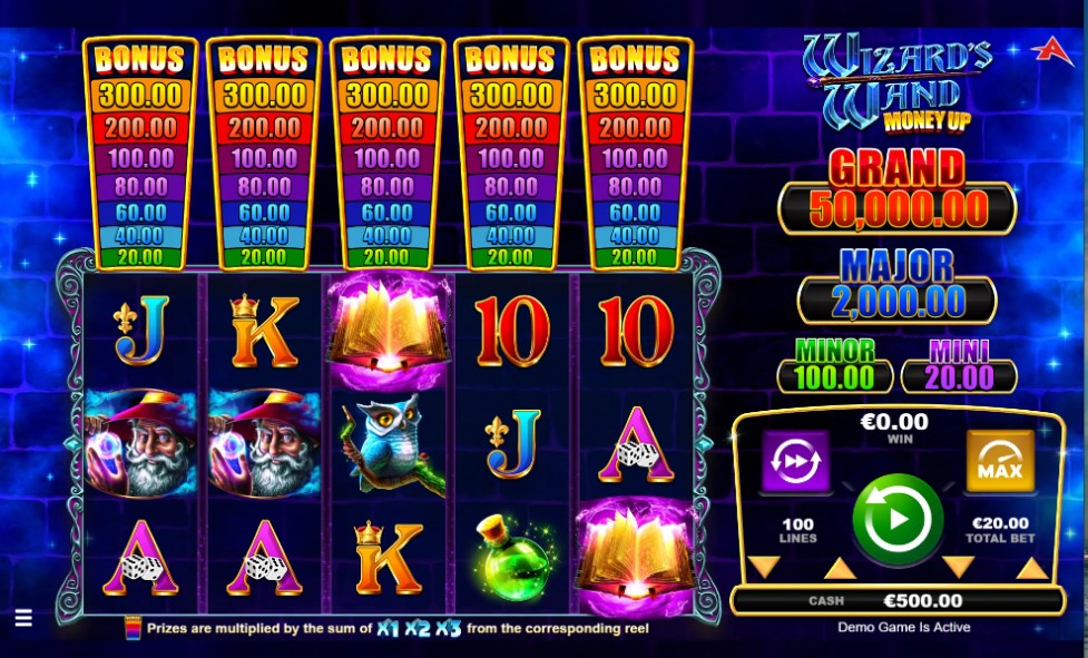 Wizard's Wand Money Up slot reels by Ainsworth